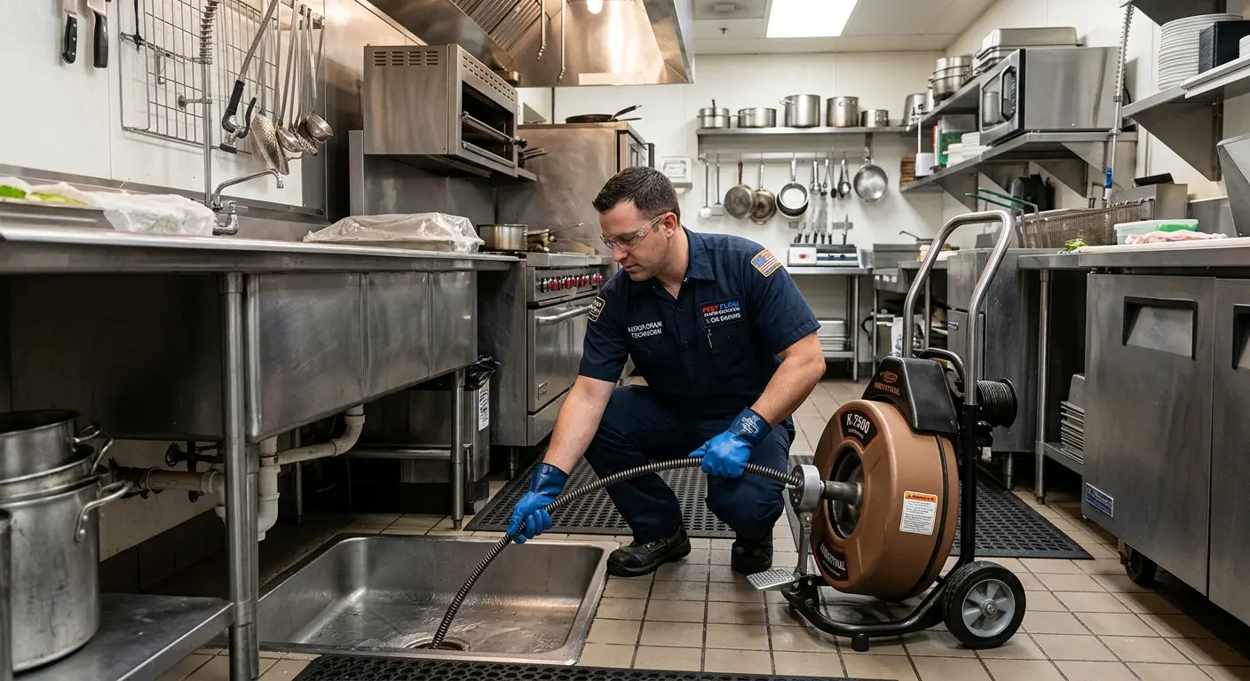 Commercial drain cleaning service in a restaurant kitchen in West Vincent