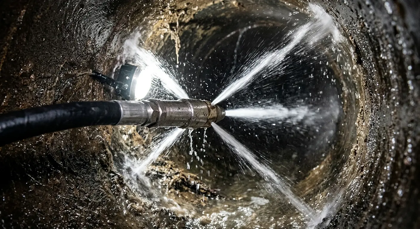High-pressure hydro jetting nozzle cleaning sewer pipe for Emergency Drain Service in West Vincent