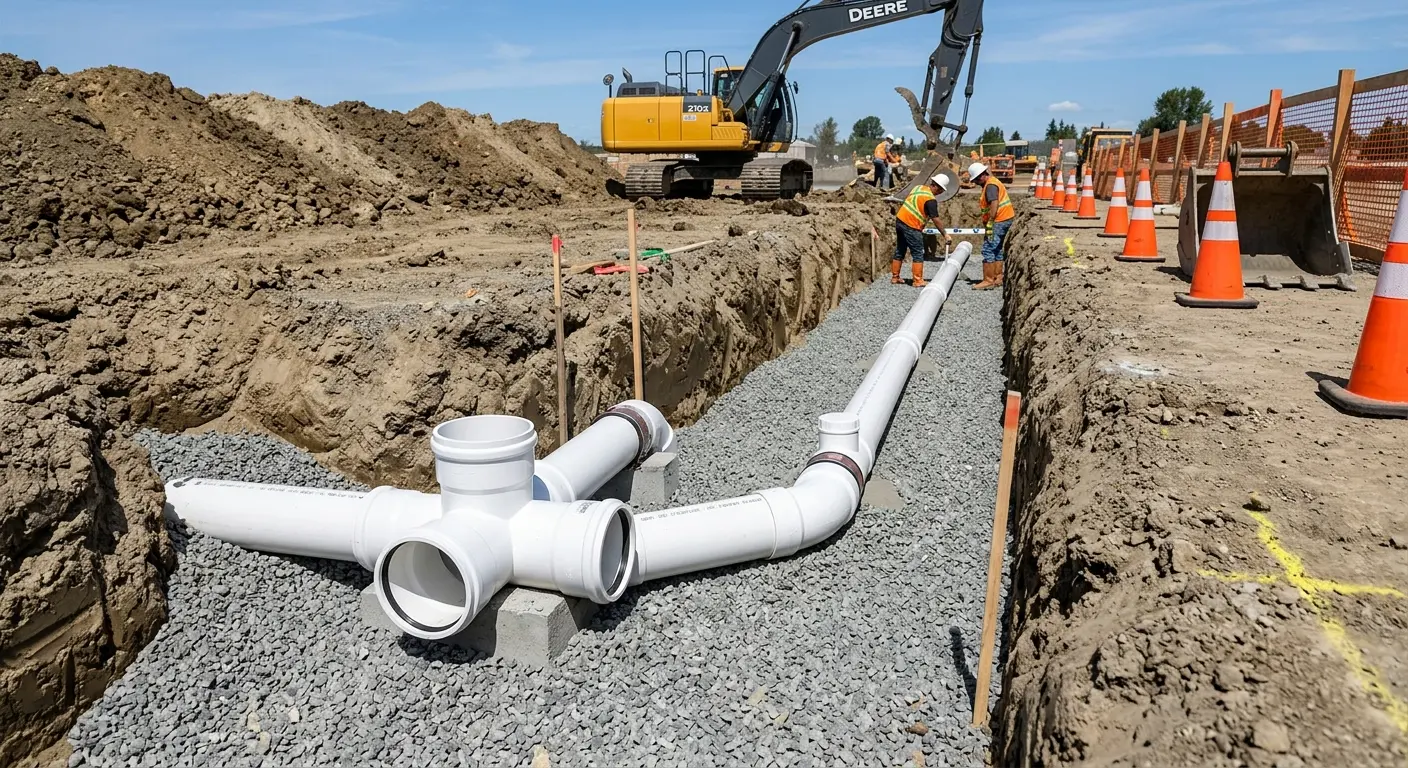 New PVC sewer pipe installation in open trench for Grease Trap Cleaning in West Vincent