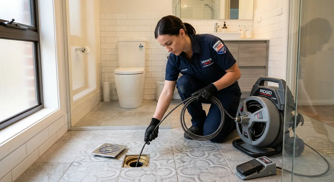 Technician clearing a bathroom floor drain for Sewer Line Installation in West Vincent
